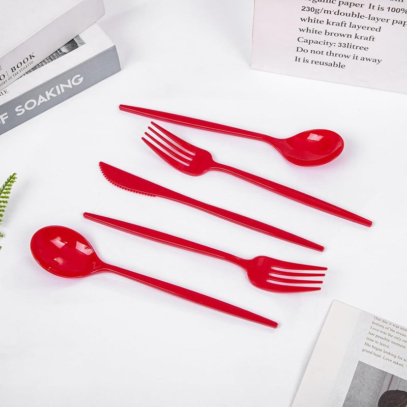 PULOTE 150PCS Red Plastic Silverware Set - Heavy Duty Plastic Cutlery - Red Utensils Disposable Include 50 Forks, 50 Spoons, 50 Knives for Party & Valentines Day - Image 5